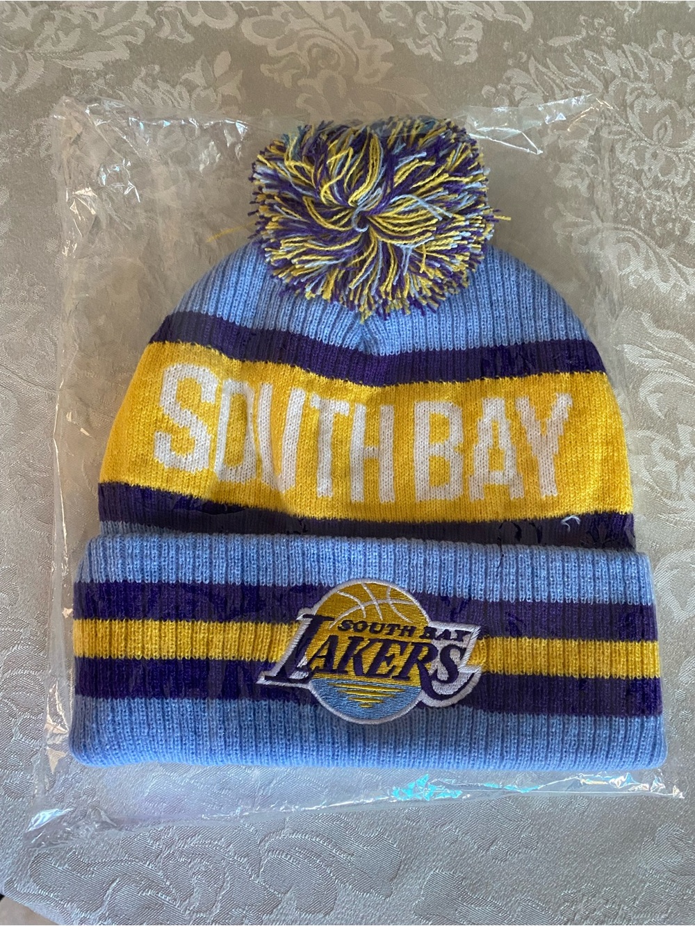 Los Angeles Lakers South Bay Knit Pom Beanie - Light Blue/Yellow/Purple